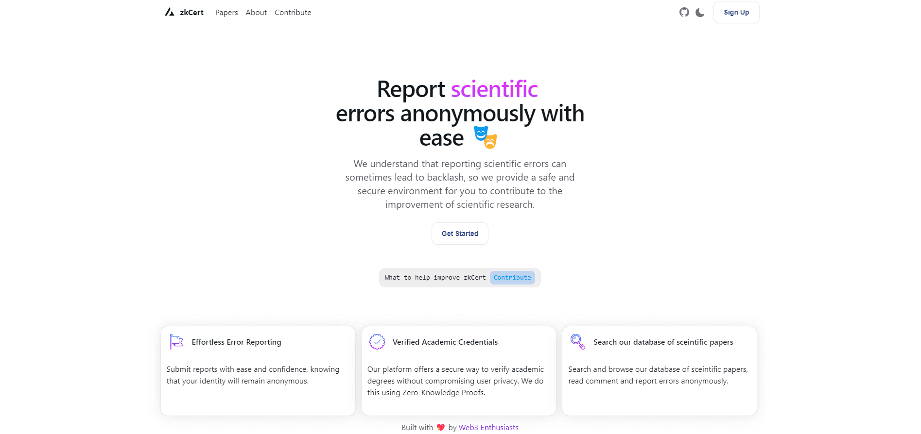 zkCert, Hackathon - platform for anonymous comments on scientific articles